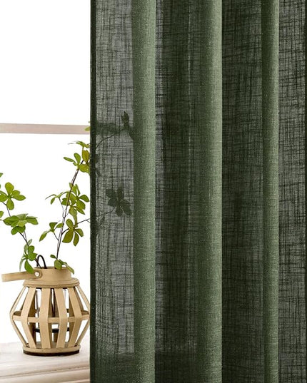 MIULEE Olive Green Linen Curtains 63 Inch Length 2 Panels for Bedroom Living Room, Soft Thick Linen Textured Kitchen Window Drapes Semi Sheer Light Filtering Back Tab Rod Pocket Burlap Look Decor