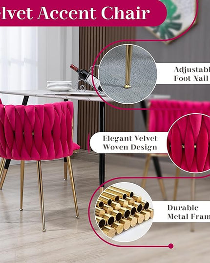 Modern Luxury Golden Dining Table Set, 7 Pcs Clear Glass Top Rectangular Kitchen Table Set, 63'' Minimalist Dinner Room Set for 6, Rose Red Retro Woven Dining Chair for Home Large Place
