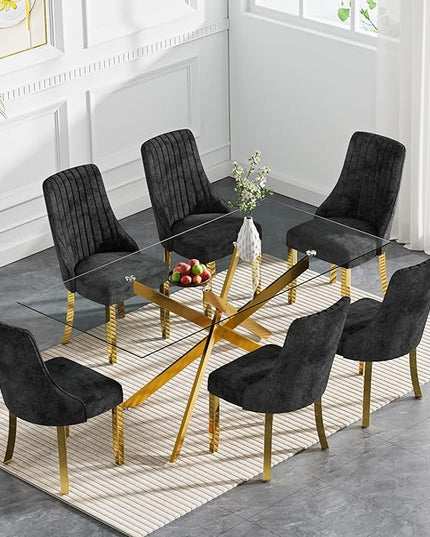 Rectangle Glass Dining Table Set for 6, 52'' Kitchen Table and Chairs Set, 7PCS Modern Dining Room Table Set with 6 Dining Chair for Home