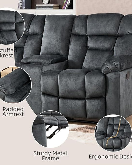 CANMOV Manual Recliner Love Seat Sofa, Wall-Hugger 2 Seats Reclining Couches, Upholstered Sofa Set with Armrests, Fabric Loveseat Couch with Soft Cushion for Living Room, Grey