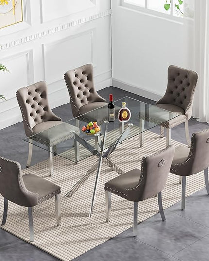60" Glass Dining Table Set for 6, Modern Dining Room Table Set for 6, Silver X-Shape Pedestal Glass Table with 6pcs Gray Dining Chairs, 7 Piece Dining Set for Dining Living Room