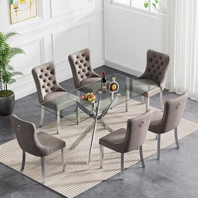 60" Glass Dining Table Set for 6, Modern Dining Room Table Set for 6, Silver X-Shape Pedestal Glass Table with 6pcs Gray Dining Chairs, 7 Piece Dining Set for Dining Living Room