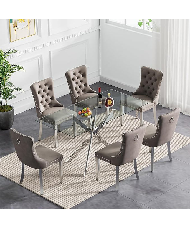 60.63in Rectangular Glass Dining Table Set for 6, Glass Kitchen Table and Chair Set for 6, Modern 7 Piece Dining Room Set with 6 Fabric Upholstered Chairs, Silver Metal Legs Home Kitchen Furniture