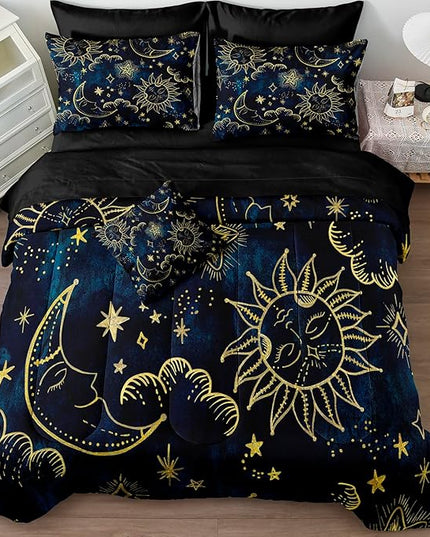 Merryword 8 Pieces Universe Bed in a Bag Sun and Moon Comforter Set Full Size Galaxy Bedding Blue Gold Moon Star Pattern Bohemian Gothic Comforter Set for Boys Girls Women