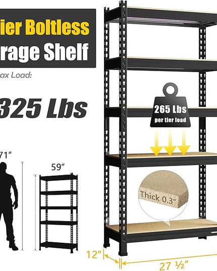 PrimeZone Storage Shelves 5 Packs 5 Tier Adjustable Garage Storage Shelving, Heavy Duty Metal Storage Utility Rack Shelf Unit for Warehouse Pantry Closet Kitchen, 28" x 12" x 59", Black