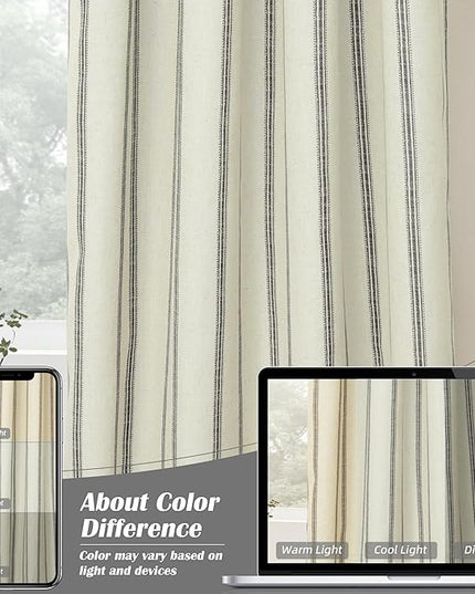 DriftAway Farmhouse Linen Blend Blackout Curtains 63 Inches Long for Bedroom Vertical Striped Printed Linen Curtains Thermal Insulated Lined Treatments for Living Room 2 Panels W52 x L63 Black