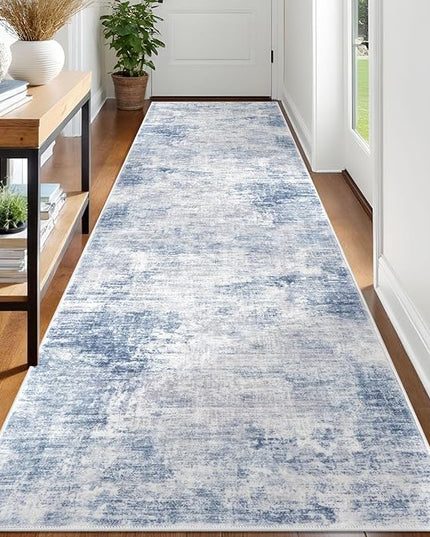IOHOUZE Abstract Runner Rug 3x12 Ft Washable Runners for Hallways, Non Slip Kitchen Runner Printed Faux Wool Entryway Runner Indoor, Modern Abstract Floor Carpet for Hall Kitchen, Light Blue White