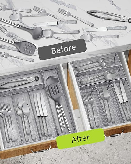 Neudeco Drawer Organizer Set 6 Pack - 5-Compartment Silverware Organizer Tray + 5 Utensil Trays, Kitchen Drawer Organizer for Flatware, Cutlery, Office Supplies, Silver Mesh, Non-Slip