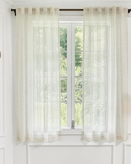 Natural Linen Sheer Curtains 63 Inch Length for Kitchen Door 2 Panel Back Tab Rod Pocket Semi Sheer Cream Curtains Panels for Bathroom Laundry Room Small Windows Narrow Skinny Drapes Off White 34x63