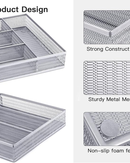 Neudeco Drawer Organizer Set 5 Pack - 4-Compartment Silverware Organizer Tray + 4 Utensil Trays, Kitchen Drawer Organizer for Flatware, Cutlery, Office Supplies, Silver Mesh, Non-Slip,Silver