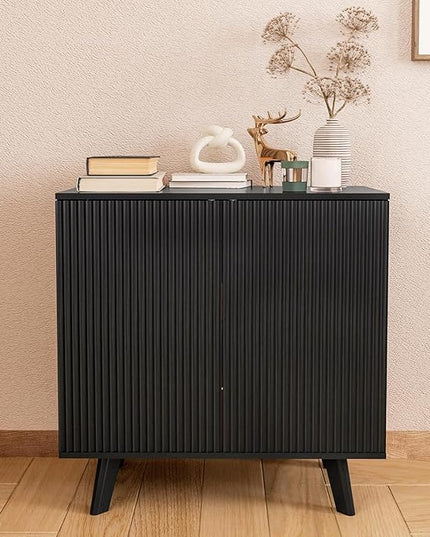 Modern Sideboard Buffet Cabinet Console Table, Accent Storage Cabinet with Fluted Doors for Kitchen Dining Living Room Entryway (Black)