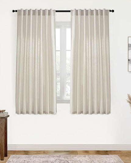 XTMYI Oatmeal Beige Back Tab/Hook Belt Linen Cotton Sheer Curtains 63 Inch Length for Bedroom Living Room