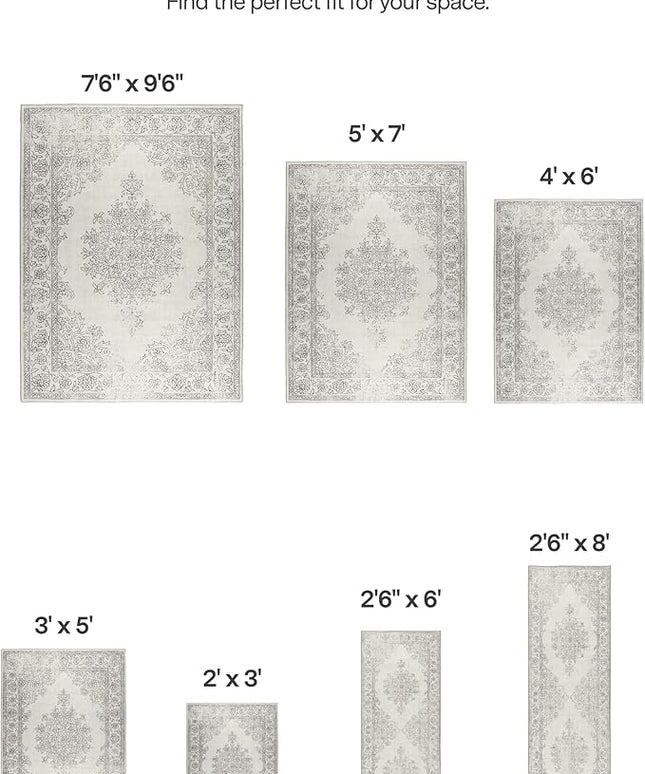 ReaLife Rugs Machine Washable Area Rug Runner - Living Room Bedroom Bathroom Kitchen Entryway Office - Padded Low Pile Stain Resistant Premium - Boho Farmhouse Vintage - Paige - Ivory 3' x 5'