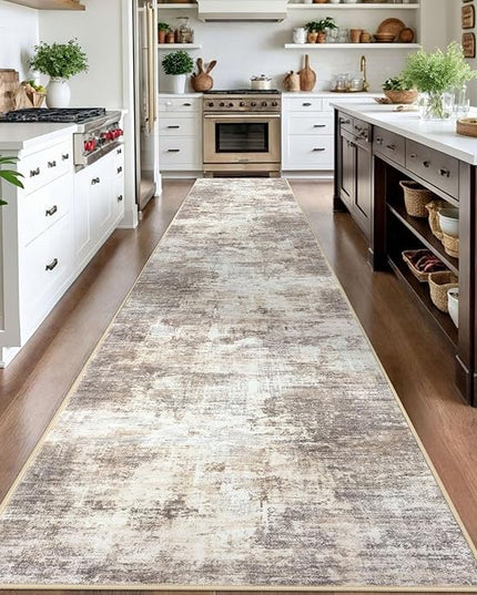 IOHOUZE Abstract Runner Rug 3x16 Ft Long Washable Runners for Hallways, Non Slip Kitchen Runner Printed Faux Wool Entryway Runner Indoor, Modern Abstract Floor Carpet for Hall Stair, Beige Brown