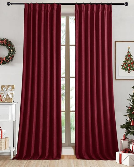 IVAPUPU Linen Pinch Pleated Blackout Curtains for Bedroom - Full Black Out Red Curtains 95 Inch Long 2 Panel for Living Room Darkening Thermal Window Curtain Drapes for Christmas Decor