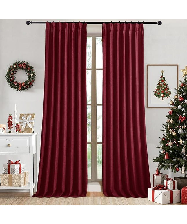 IVAPUPU Linen Pinch Pleated Blackout Curtains for Bedroom - Full Black Out Red Curtains 95 Inch Long 2 Panel for Living Room Darkening Thermal Window Curtain Drapes for Christmas Decor