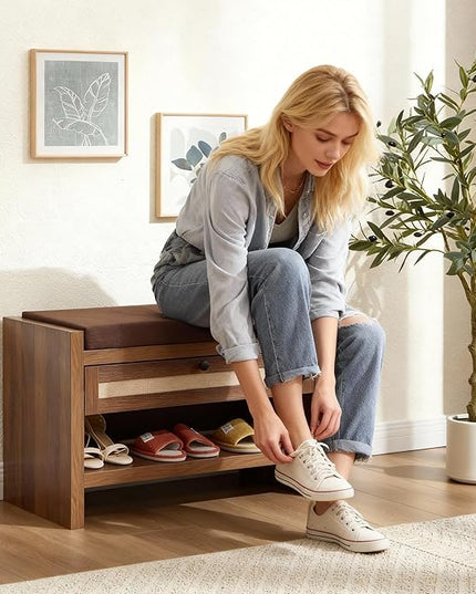 Rattan Shoe Bench Entryway Bench with Storage Drawer and Linen Seat Cushion, Farmhouse Boho Shoe Rack Bench, Wooden Storage Bench for Entryway Hallway and Bedroom - Oak