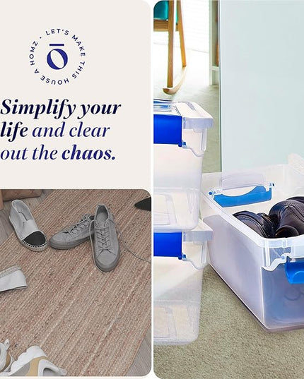 HOMZ 5-Pack Latching Lid, Clear Plastic Storage Organizer Bins, 7.5 Quart, Blue Latch - Stackable Organizing Containers for Home, Garage, and Office