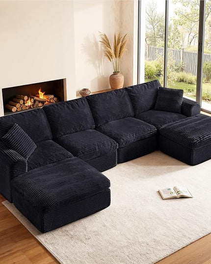 138” Modular Sectional Sofa Couches U Shaped Couch 4 Seater Cloud Sofa Memory Foam Sectional Couches for Living Room, Boneless Couch with Ottoman, Corduroy, Black