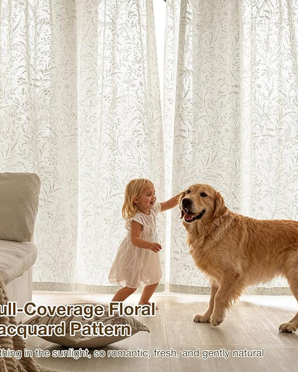 Anmao Beige Semi Sheer Light Filtering Curtains 72 Inches Long 2 Panels, Leaf Pattern Drapes for Living Room Bedroom, Rod Pocket Sheer Window Treatments with Floral Design, 52x72 Inch