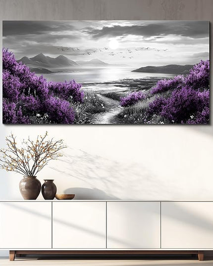 Canvas Wall Art for Living Room Large Wall Decor for Bedroom Modern Office Wall Decoration Purple Flowers Landscape Paintings Black and White Scenery Pictures Artwork Aesthetic Home Decor