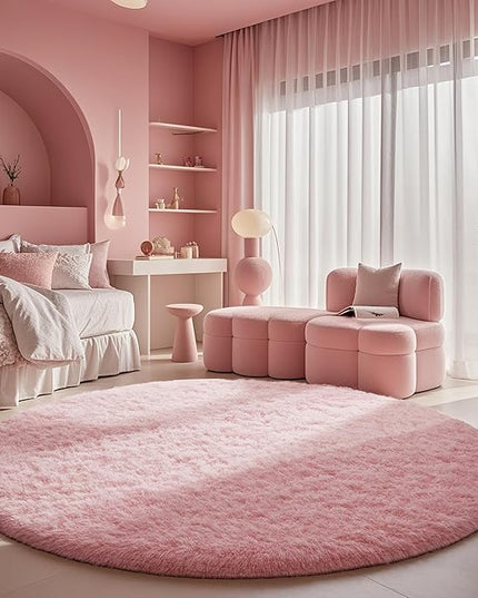 Ophanie Round Rugs 5Ft Pink Circle Area Rug, Fluffy Fuzzy Bedroom Carpet, Plush Soft Shaggy Indoor Floor Kawaii Living Room Rugs for Kids, Cute Room Decor for Teen Girls Home Decor Aesthetic, Nursery