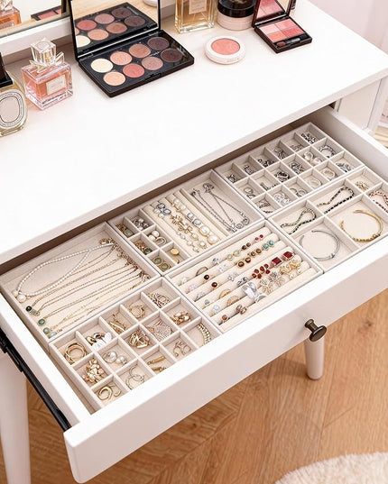 Stackable Jewelry Organizer Trays with Removable Dividers, 6-Tray Beige Jewelry Drawer Organizer Set for Earrings, Necklaces, Rings & Bracelets Gift for Her