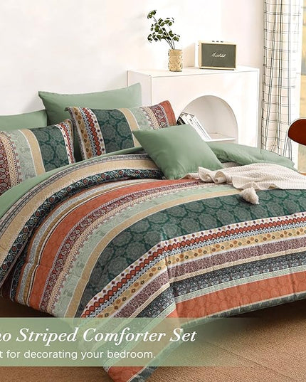 Cottolester Boho Comforter Set Queen Size,8 Pieces Sage Green and Orange Bohemian Striped Bed in a Bag,Paisley Soft Microfiber Bedding Comforter Set