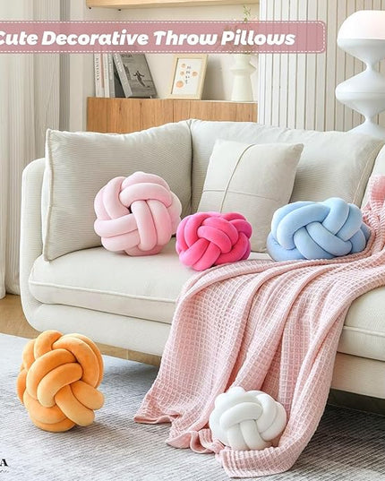Round Knot Plush Cushion, 11 Inch Decorative Throw Pillows for Bedroom, Sofa, Couch - Modern Designs in Hot Pink