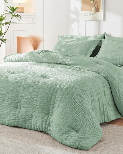 HYMOKEGE Sage Green Full Size Comforter Sets Seersucker 7 Pieces, All Season Luxury Bed in a Bag for Bedroom, Bedding Set with Comforters, Sheets, Pillowcases & Shams