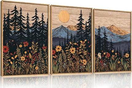 Houria Mid Century Woodland Mountain Framed Canvas Wall Art Set,Vintage Natural Sunset Wildflower Forest Field Decor,Wilderness Boho Floral Pine Tree Landscape Artwork for Living Room,Office-24"x36"x3