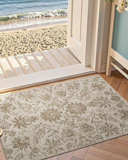 jinchan Torino 2x3 Washable Rugs for Entryway, Vintage-Inspired Floral Neutral Design Non-Slip Low-Pile Doormat, Ultra-Thin Indoor Traditional Accent Carpet for Entrance Bathroom Bedroom, Taupe