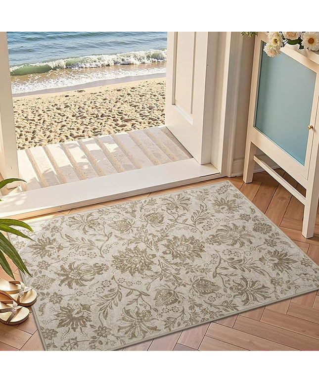 jinchan Torino 2x3 Washable Rugs for Entryway, Vintage-Inspired Floral Neutral Design Non-Slip Low-Pile Doormat, Ultra-Thin Indoor Traditional Accent Carpet for Entrance Bathroom Bedroom, Taupe