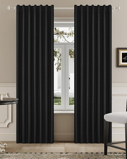 DUALIFE Full Blackout Black Curtains 63 Inch Long Linen Textured Curtains Thermal Insulated Heat Blocking Noise Reducing Vintage Drapes for Nursery Bedroom Rod Pocket&Back Tab 2 Panels 50W x 63L
