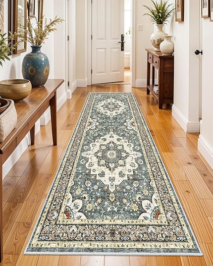 Washable Oriental Hallway Runner Rug - 3x8 Rugs for Living Room Soft Carpet for Bedroom Kitchen Waterproof Floral Distressed Indoor Stain Resistant Non-Shedding Floor Carpets (Blue, 3X8)