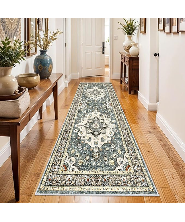 Washable Oriental Hallway Runner Rug - 3x8 Rugs for Living Room Soft Carpet for Bedroom Kitchen Waterproof Floral Distressed Indoor Stain Resistant Non-Shedding Floor Carpets (Blue, 3X8)