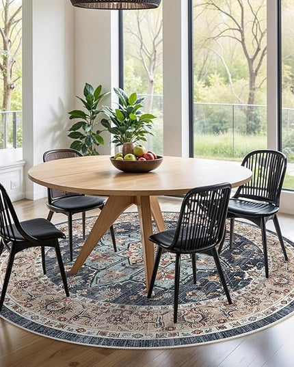 Washable Oriental Area Rug - 9ft Rugs for Living Room Soft Carpet for Bedroom Waterproof Floral Distressed Indoor Stain Resistant Non-Shedding Floor Carpets (Blue/Teal/Orange, 9ft-Round)