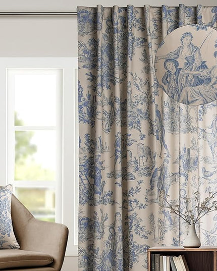 Maison d' Hermine Curtains for Living Room 100% Cotton 96 inch Length One Panel Light Filtering Toile Curtains for Bedroom Windows with Rod and Loop Pockets Drapes (The Miller Blue, 50" W x 96" L)