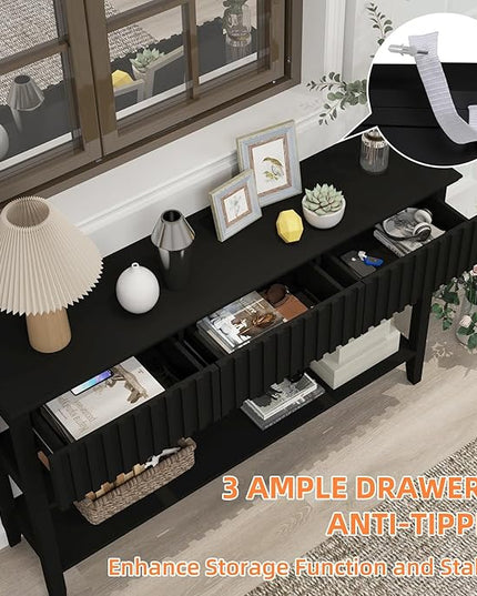 LAZZO Painted Wood Console Table Narrow Long Modern Fluted Entryway Table Behind Sofa Couch with 3 Drawers and 2-Tier Storage Shelf for Living Room, Foyer and Hallway (Black, 2 Tiers)