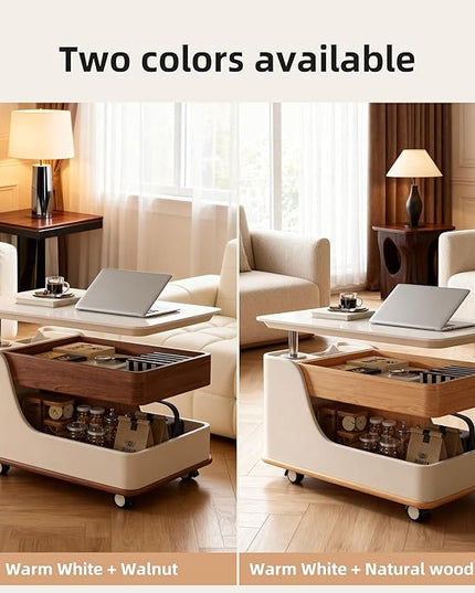 Lift Top Coffee Table with Storage, Small Rolling Side Table/NightStand Table for Living Room Kitchen Bedroom Small Apartment (White + Walnut)