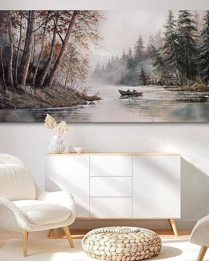 HGUAOA Mountain Canvas Wall Art Rustic Lake Landscape - Nature & Forest Scenery Paintings Pictures for Living Room & Bedroom Wall Decor Vintage Artwork for Walls