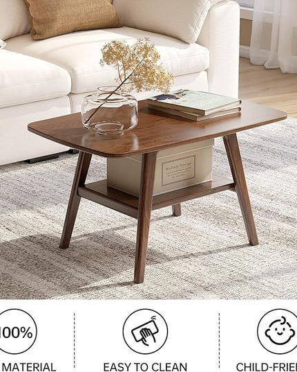 100% Solid Oak Wood Coffee Table for Living Room, 2-Tier Small Table with Storage Shelf, Mid Century Modern Coffee Tables (Walnut, 31.49" x 19.68" x 17.32")