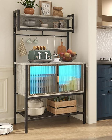 Bestier Coffee Bar with Storage, 5 Tier Microwave Stand with LED Lights, Kitchen Bakers Rack with Cabinet, Heavy Duty Storage Shelves for Kitchen Garage Pantry(Retro Grey Oak Light)