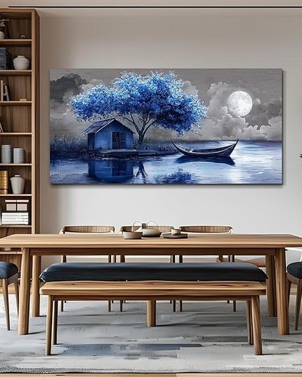 XIGUANGART Large Canvas Wall Art for Living Room Blue Boat and House Picture Paintings Abstract Art Prints Modern Ocean Scenery Artwork Tree of Life Poster for Bedroom Bathroom Office Home Wall Decor