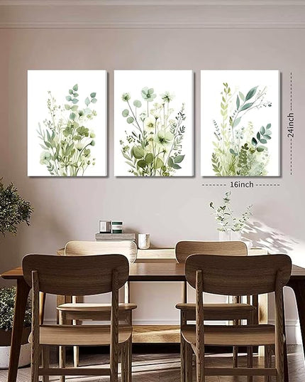 Boho Floral Canvas Wall Art Set of 3, Sage Green Wildflower Botanical Wall Decor Painting, Minimalist Watercolor Flowers Posters Prints for Bedroom Bathroom Living Room 16x24 In Framed