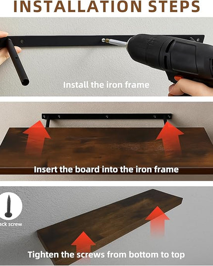 Floating Shelves for Wall, 23.6 inch Long Set of 3 Wood Rustic Wall Mounted Shelves, Display Shelf with Invisible Heavy, Large Deep Shelves for Home Decor & Storage for Living Room, Kitchen