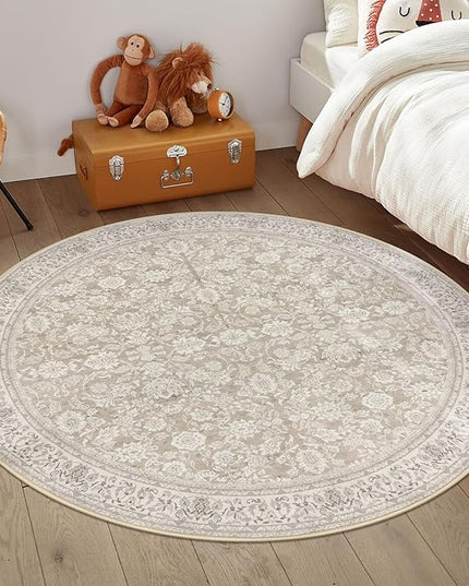 5' Round Rug Washable Rug for Entryway, Cream Beige White Grey Soft Non-Slip Area Rugs Distressed Floral Low-Pile Carpet, Neutral Vintage Circle Rugs for Living Room Dining Bedroom Foyer