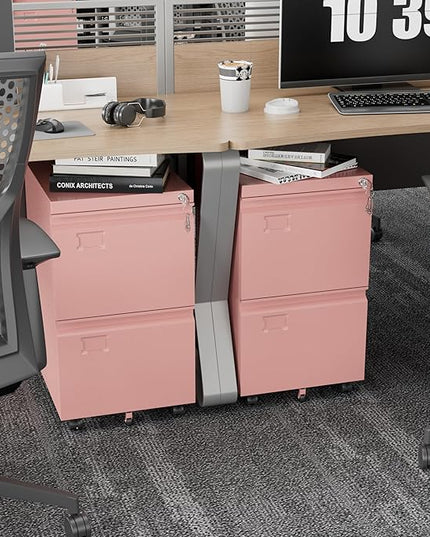METAN 2 Drawer Vertical File Cabinet with Lock, Mobile Metal Filing Cabinet for Legal/Letter Size, Office Storage File Cabinet Under Desk with Card Holder,Assembly Required,Pink