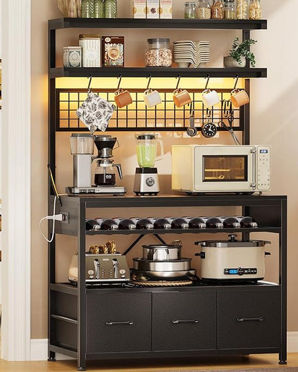 Itaar Bakers Rack with Power Outlet and Storage, 35.4 inch Coffee Bar Cabinet, Microwave Stand Kitchen Cabinet with Hutch, LED Lights, Wine Rack and Hooks, Black