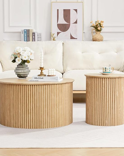 Fluted Round Nesting Coffee Table Set of 2, Mid Century Modern Wood Coffee Table and End Table Set, Minimalist Center Tables Circle Side Table for Living Room, Office(Natural)
